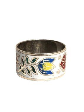 Siam Ring Vintage Enamel Heart Flower Cloisonne Sterling Silver NOS Band Sz 6.5